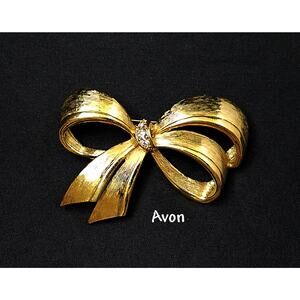 Avon Bow Brooch, Gold Plated, Clear Rhinestones, 1960s Jewelry